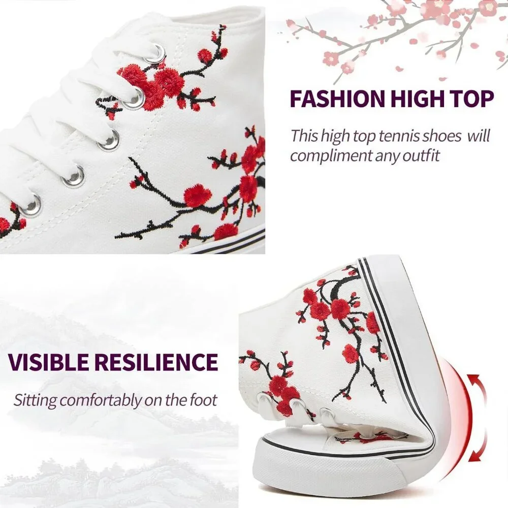 Women's White Black High Top Canvas Sneakers Lace Up Sneakers Casual Walking - Picture 2 of 6